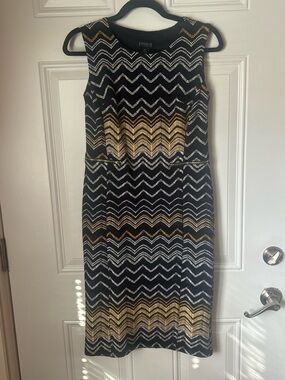 Enfocus Studio Blue Midi Dress with Gold Chevron Pattern